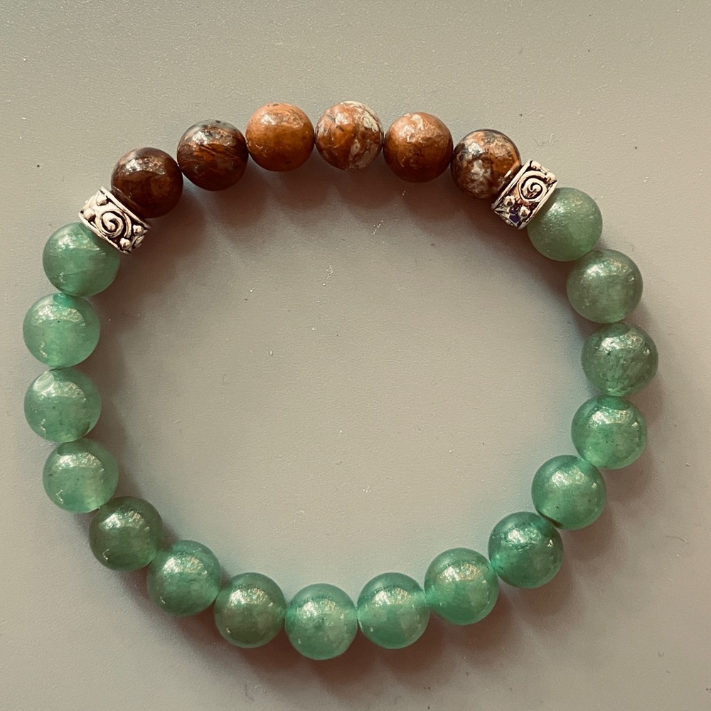 African Natural Coffee Brown Opal and Green Jade Handcrafted Bead Bracelet - Picture 6 of 7